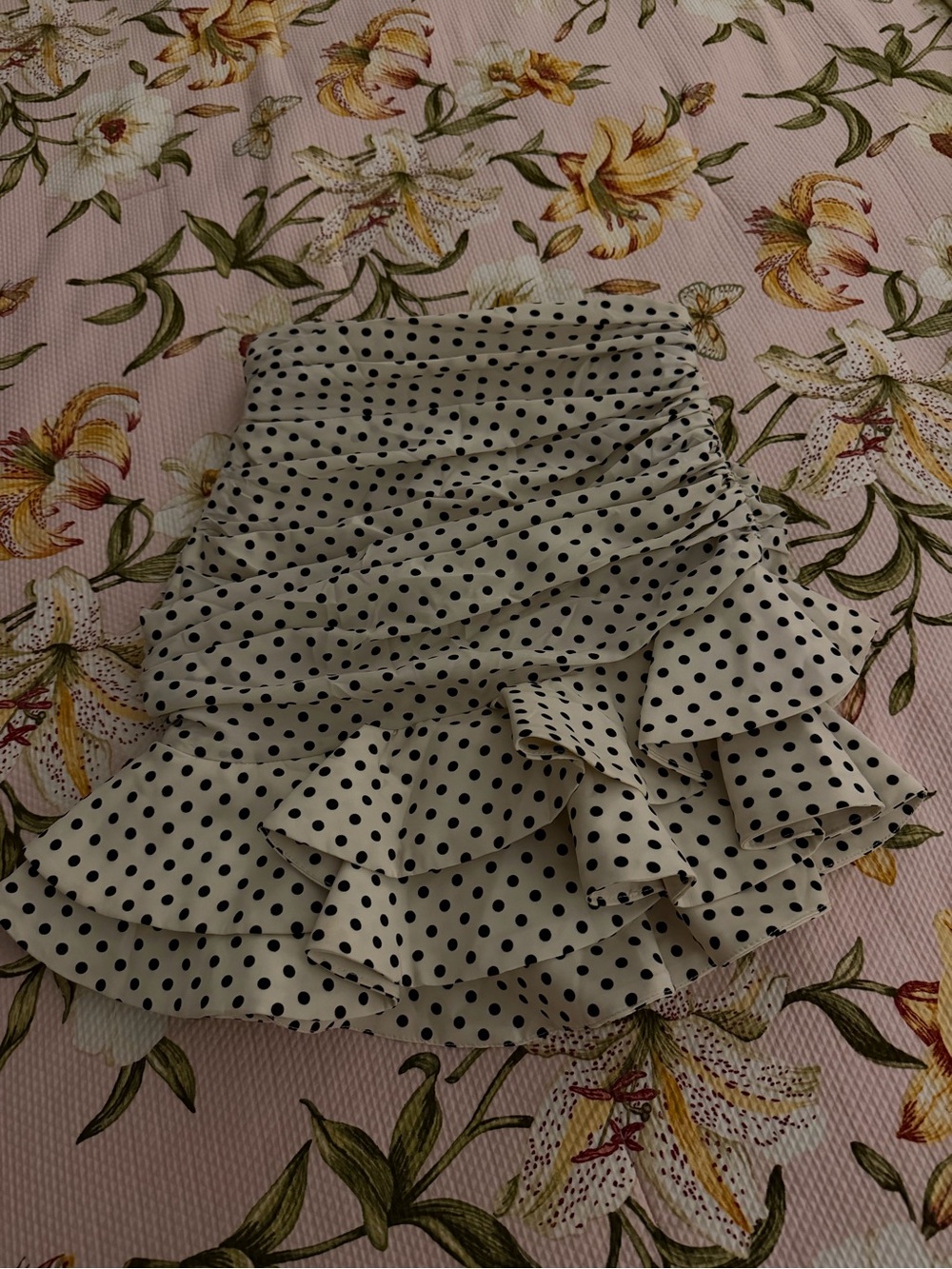 Zara Cream Mini Skirt with Black Polka Dots and Ruffles